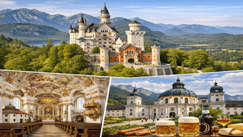 widok na słynne zabytki Bawarii, m.in. z Zamkiem Neuschwanstein
