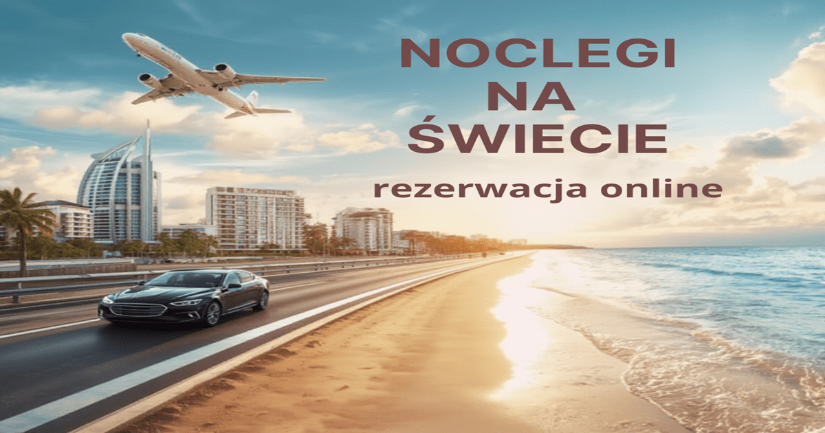 plaża z lecącym nad nią samolotem i widocznym w oddali hotelem